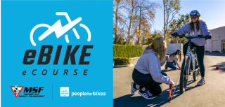 free e-bike course flyer parent teaching child to ride bike