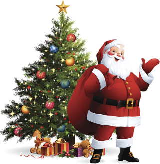 Image of Santa standing near a decorated tree