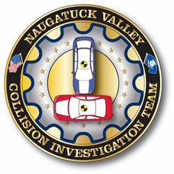 Accident Reconstruction Team Patch with blue border, yellow letters, blue car and red car