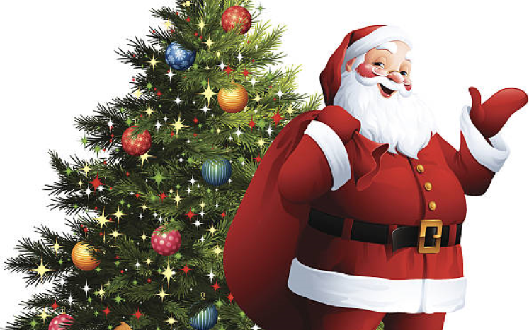 Image of Santa standing next to a decorated Christmas tree.