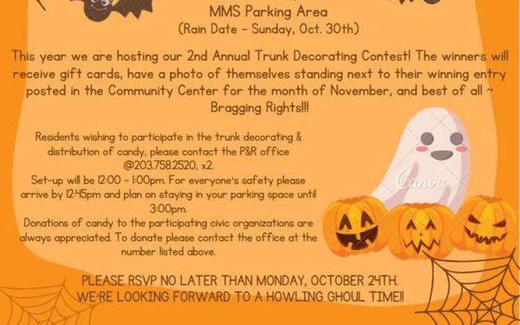 Middlebury Parks & Recreation's 11th annual Trick or Trunk Halloween Event, Saturday, October 29th 1:00 PM - 3:00 PM